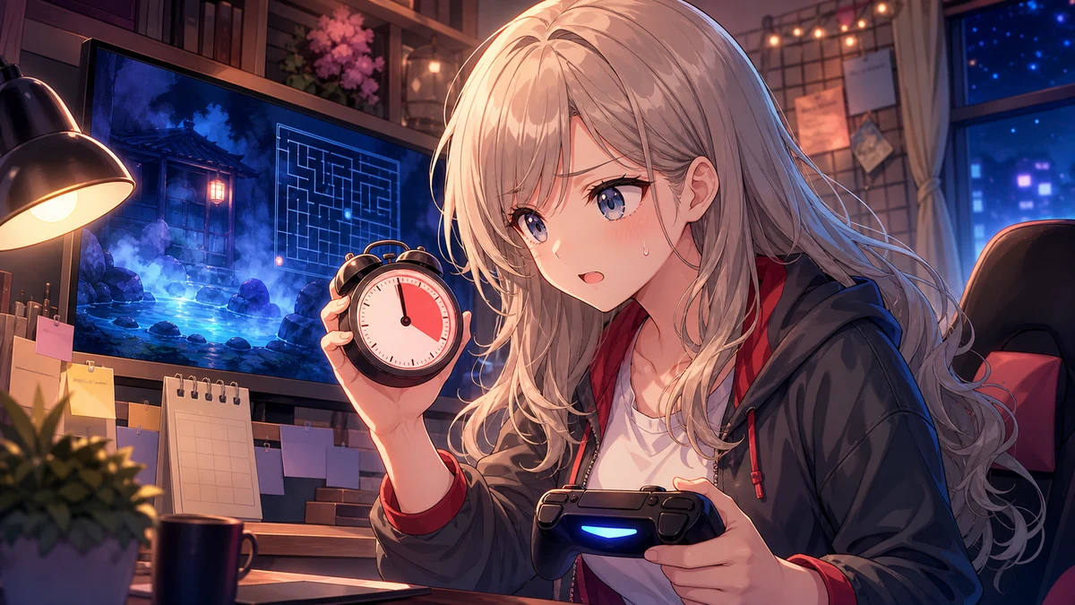 明るい配信部屋でホラーゲームの終盤へ向かう女性キャラクター
