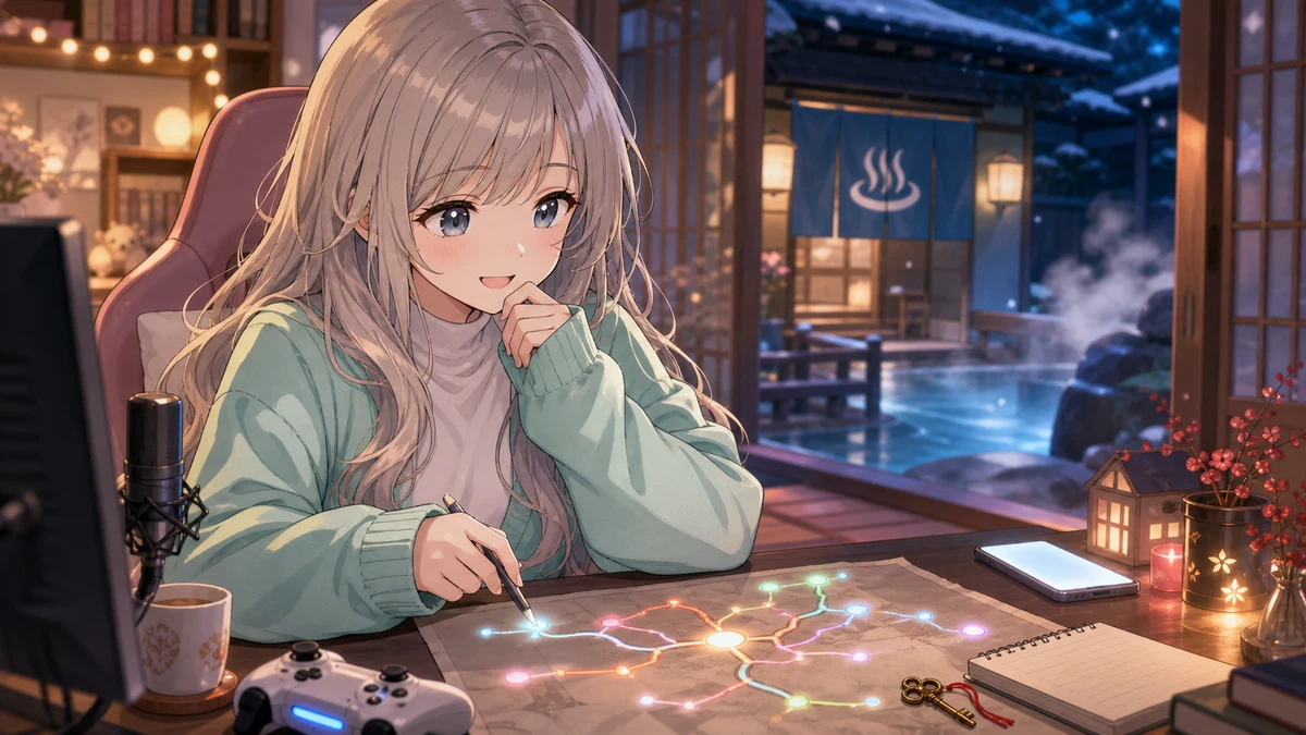 ゲームクリア後のノートに分岐ルートを描きながら次の挑戦を考える女性キャラクター