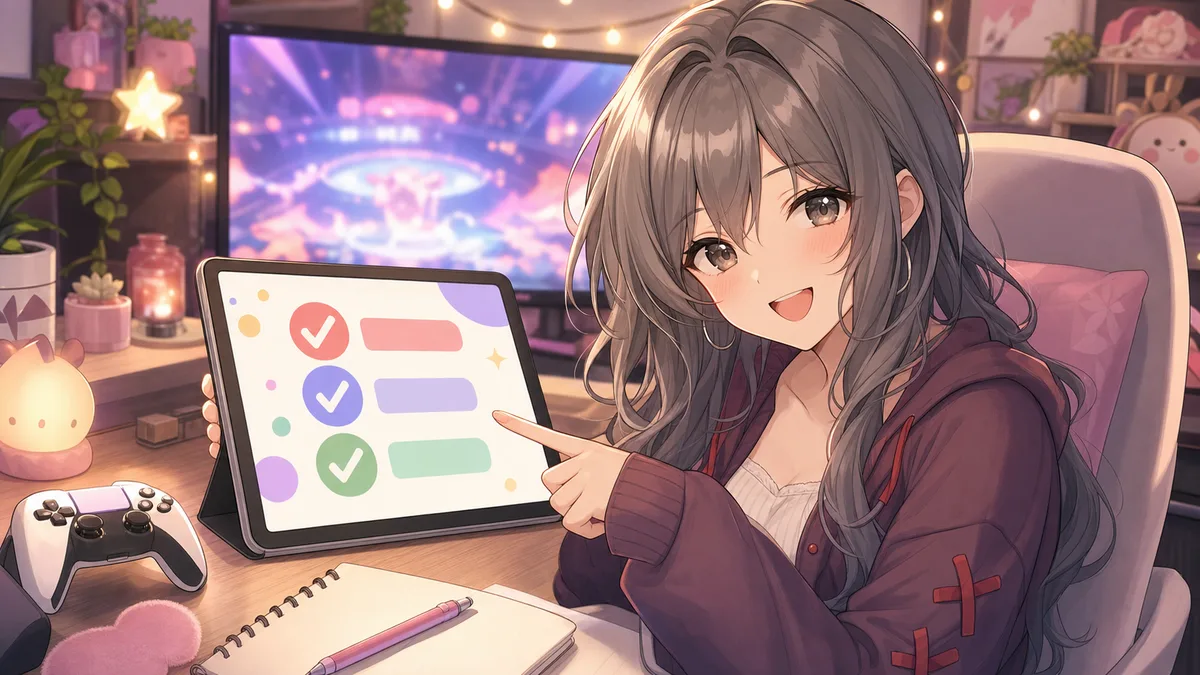明るい配信机で、灰みブラウンの髪のオリジナルキャラクターがタブレットの抽象ルール表示を指すイメージ