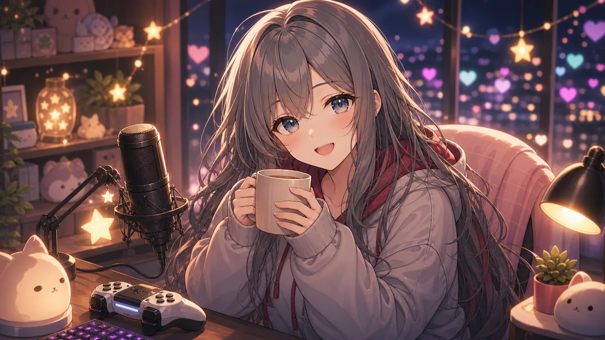 夜の配信机で、灰みブラウンの髪のオリジナルキャラクターがマグカップを持って微笑むイメージ