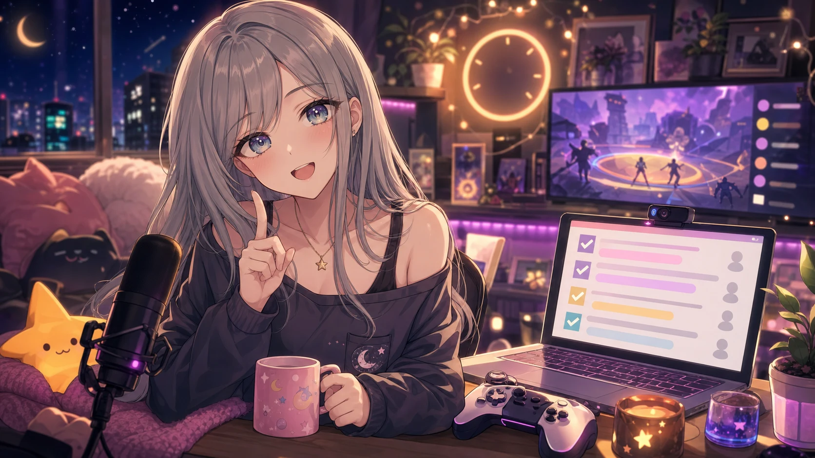 明るい配信部屋でゲーム画面を前に深夜ランクへ向かう女性キャラクターのイメージ