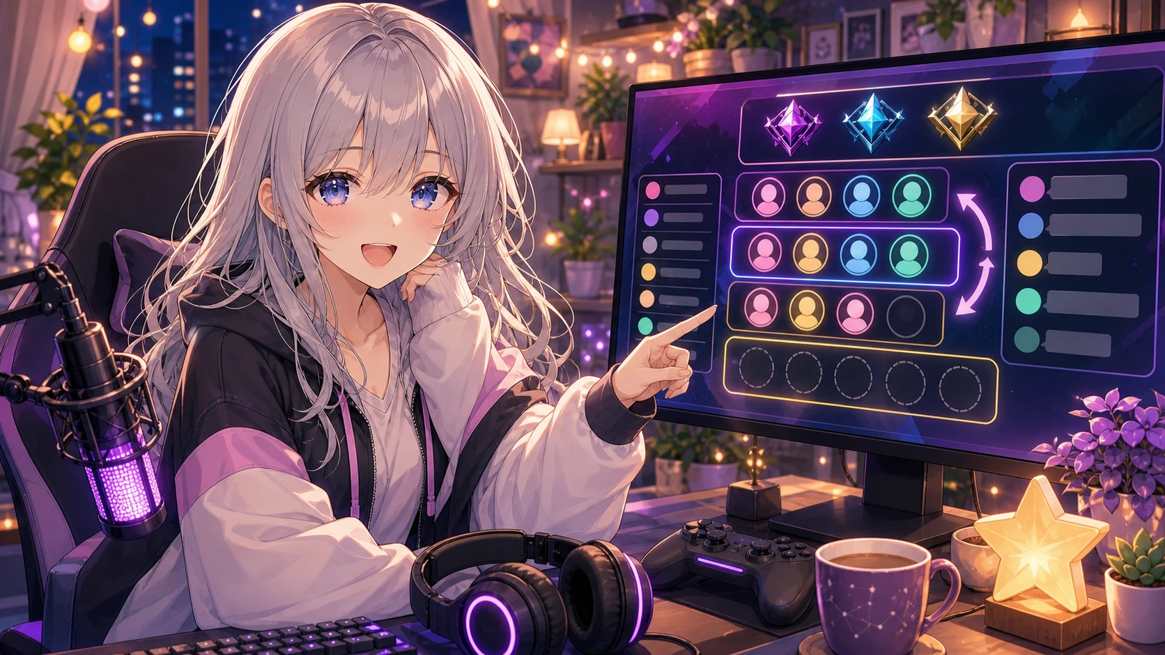 参加者リストとゲームロビー風の画面を確認する女性キャラクターのイメージ