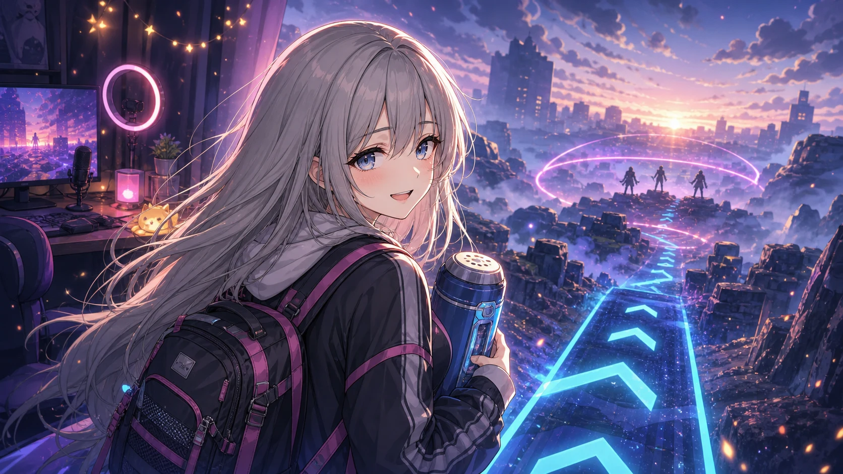 終盤の競技フィールドで味方と退路を探す女性キャラクターのイメージ