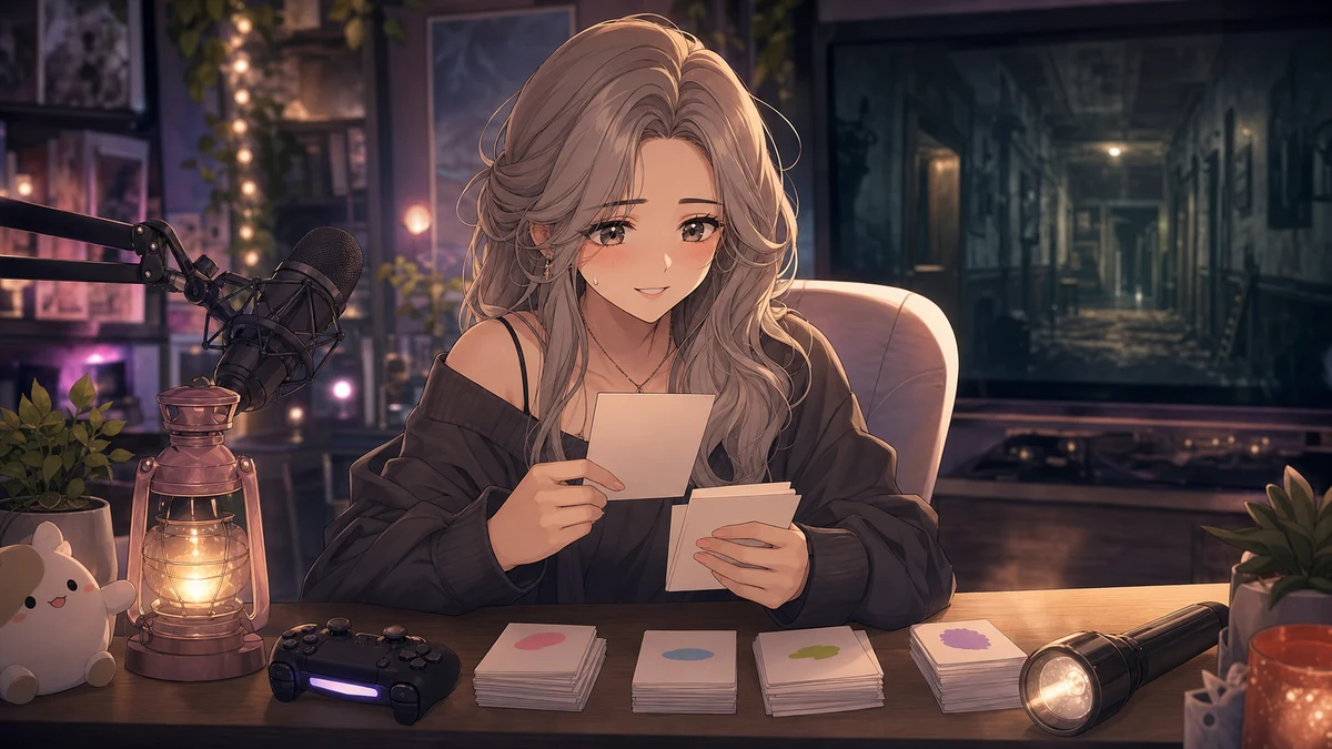 配信開始前の机でヒントメモとホラーゲーム用の小物を整えるオリジナルキャラクターのイメージ