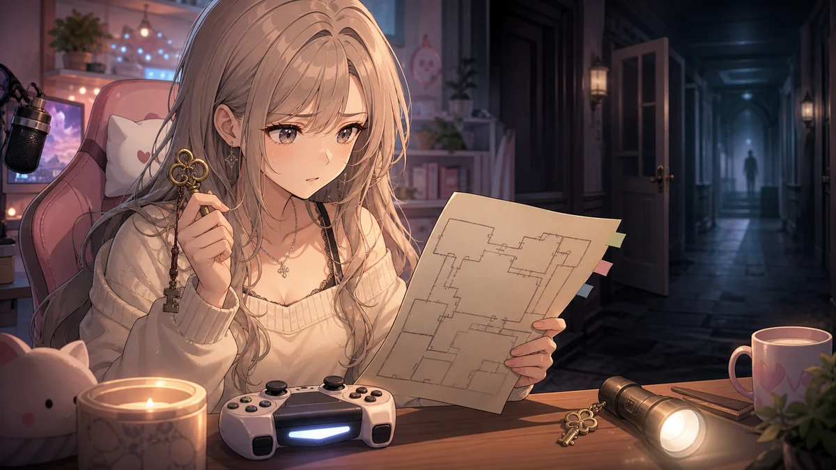 明るい配信机で地図と鍵を見比べながら次の部屋を考えるオリジナルキャラクターのイメージ