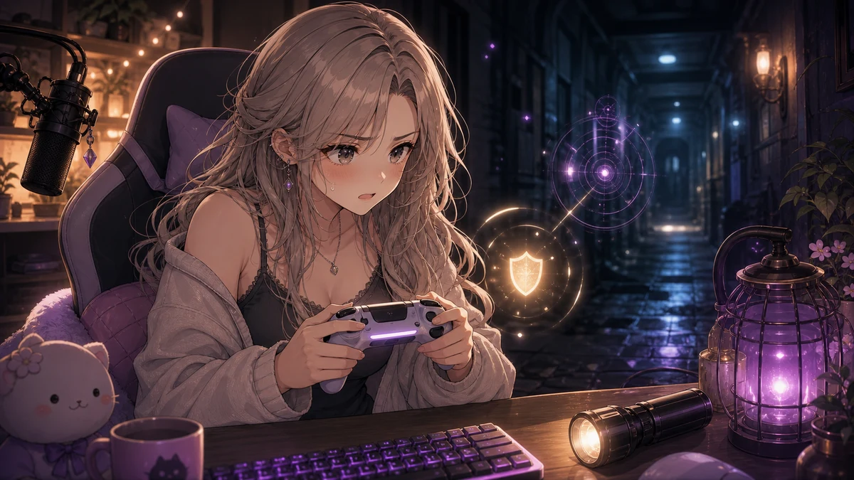 配信机の前でタイミングリングと小さな盾の光を見ながら練習するオリジナルキャラクターのイメージ