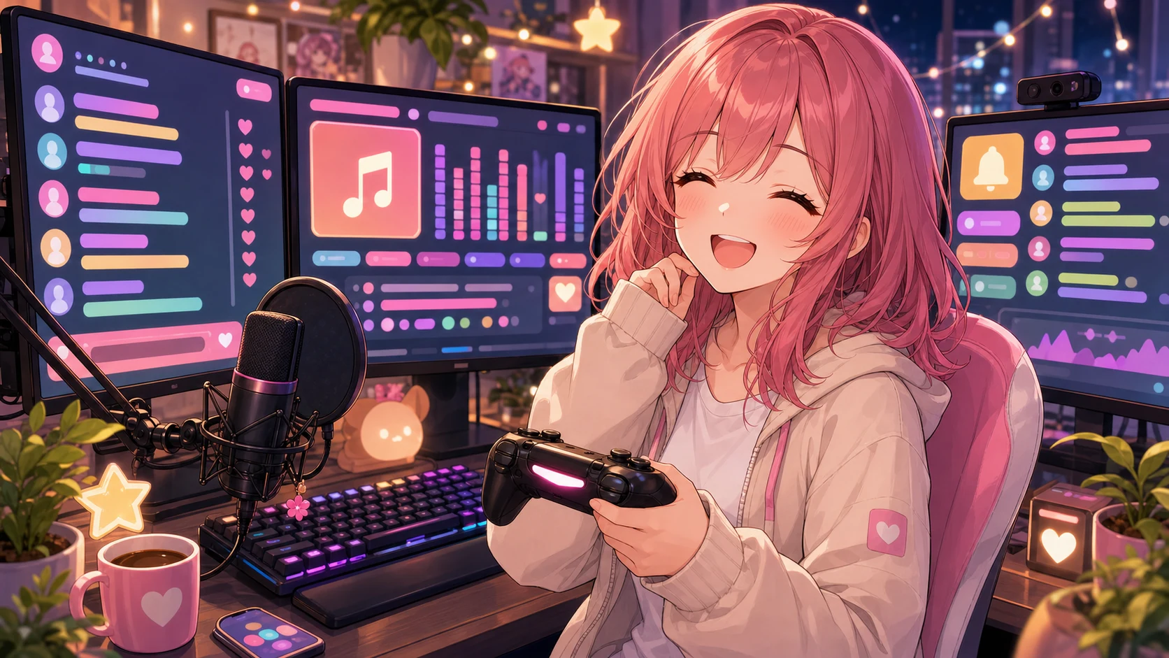 カラフルなコメント欄と配信ツールを確認しながら笑う人物のイメージ