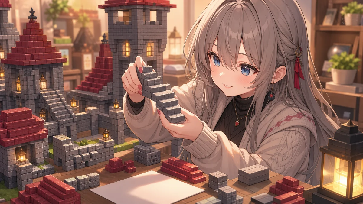 石の城の塔を前に階段ブロックの向きを悩む女性キャラクターのイメージ