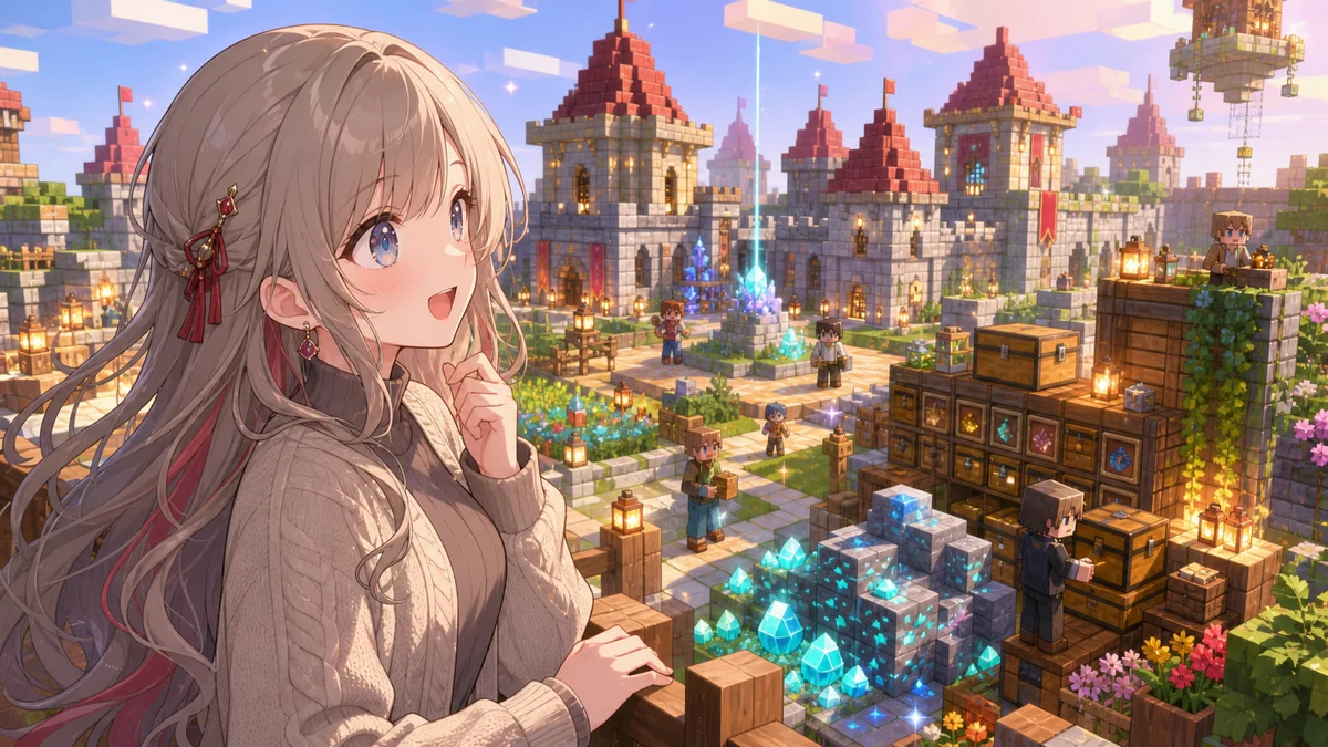 複数の小さな城と鉱石を眺めるマイクラ参加型サーバーのイメージ