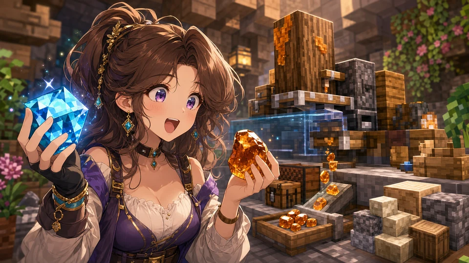 坑道のダイヤ発見と樹脂回収装置を見学するオリジナル女性キャラクターのイメージ