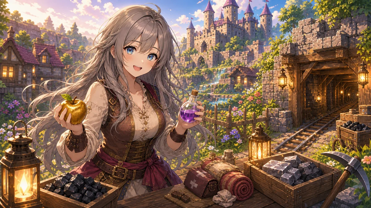 城の近くで村人を助けながら冒険の準備をする女性キャラクターのイメージ