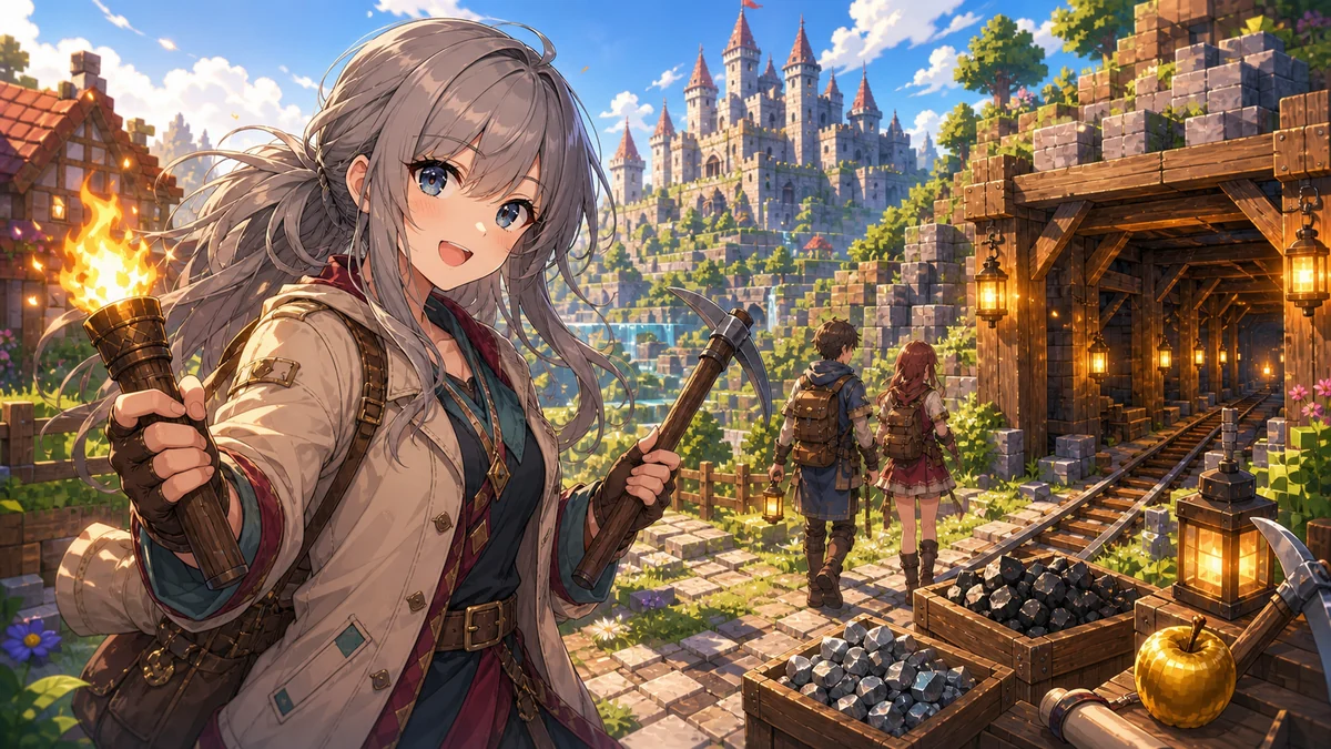 村と廃坑の入口を見つけて参加者と進む女性キャラクターのイメージ