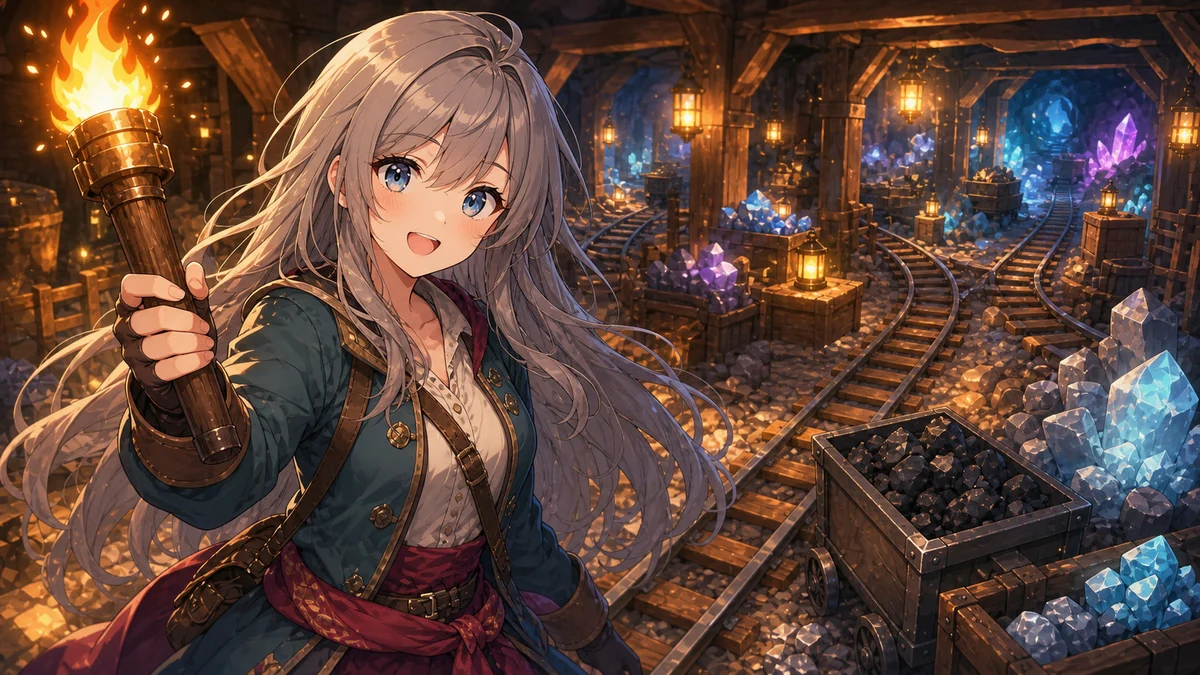 明るい洞窟で敵に囲まれながら仲間と立て直す女性キャラクターのイメージ