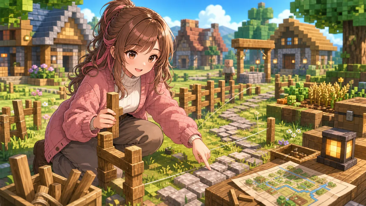 柵の範囲と村の道を手探りで決めるオリジナル女性キャラクターのイメージ