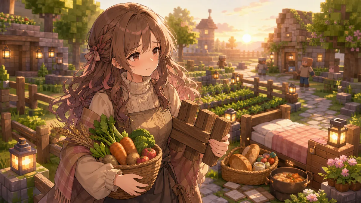 失敗を振り返り次の畑作りと村人増やしを考えるオリジナル女性キャラクターのイメージ