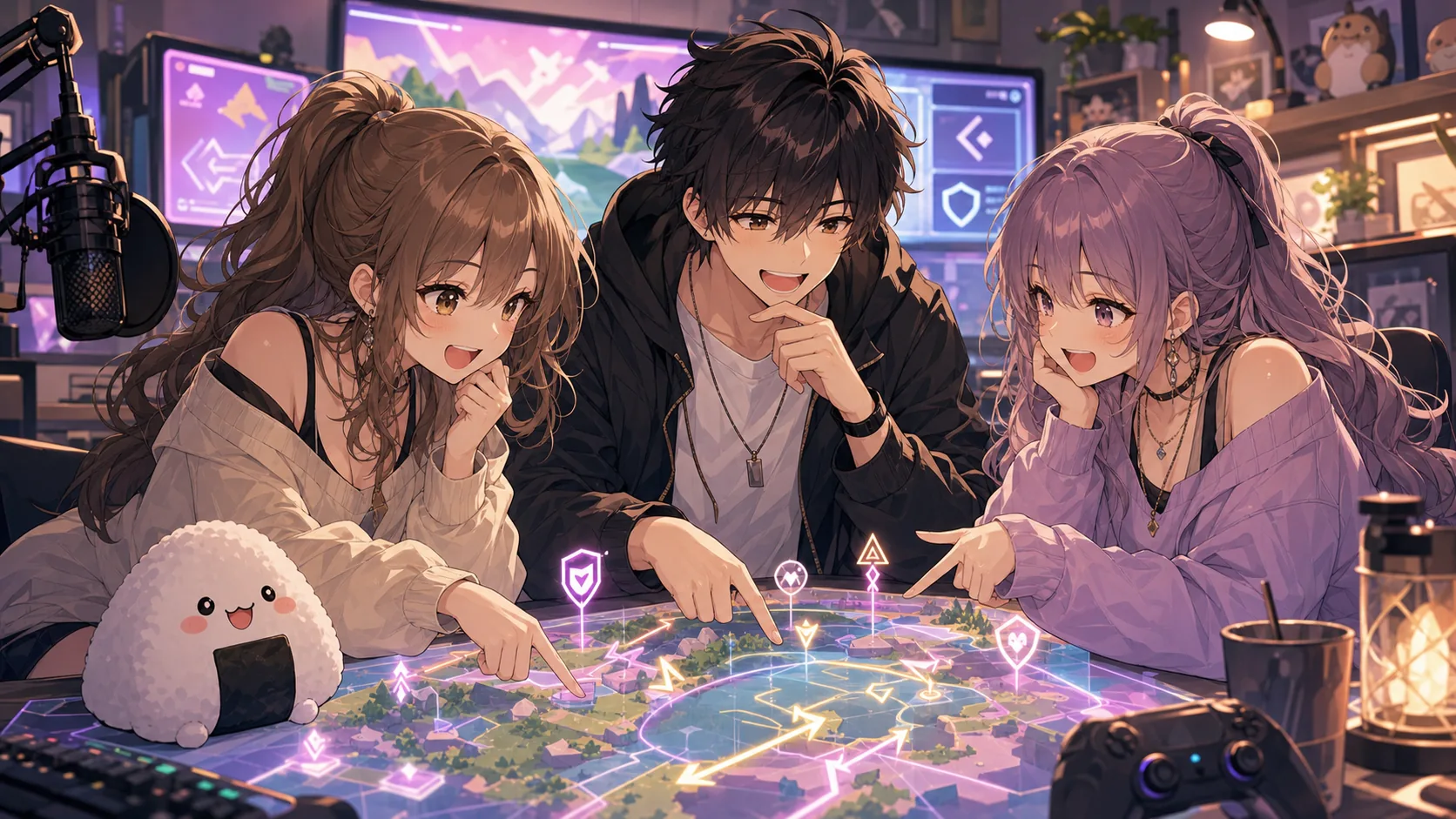 明るいAPEX風の配信部屋で作戦メモとおにぎり形の小物を囲むオリジナルキャラクターのイメージ