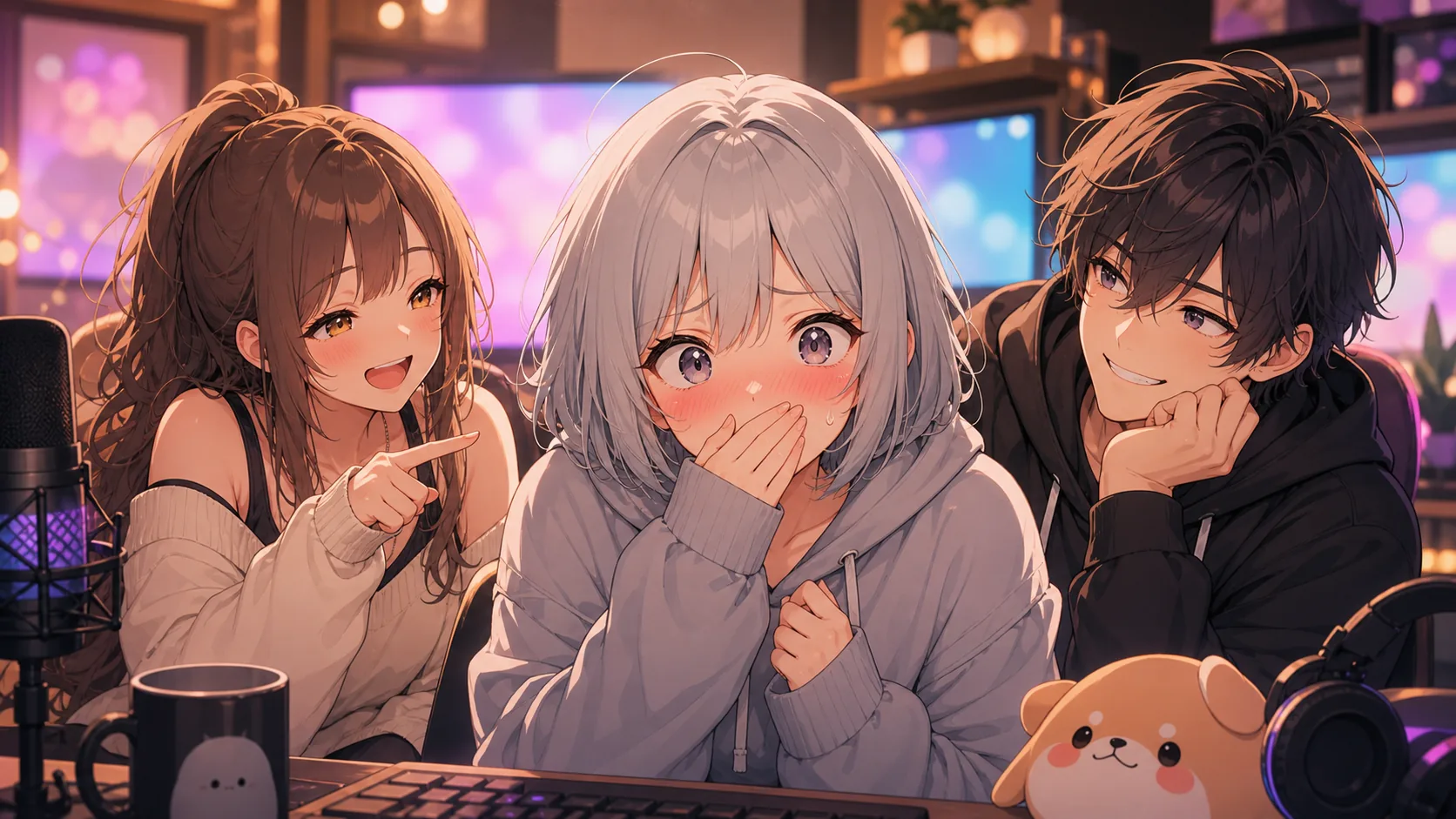 柔らかな配信スタジオで口を押さえて焦るオリジナルキャラクターと見守る二人のイメージ