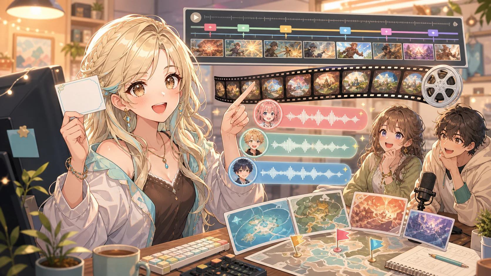 切り抜きの章立てと元配信アーカイブを整理する三人のオリジナルキャラクターのイメージ