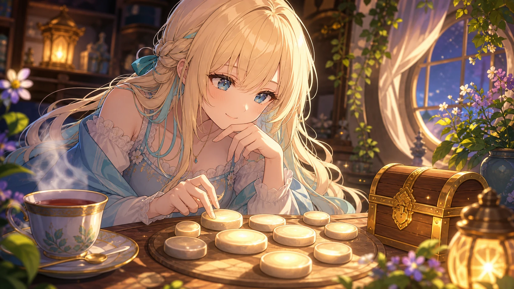 配信机の上でお茶カップと小さな宝箱を前にギミックを考えるオリジナルキャラクターのイメージ