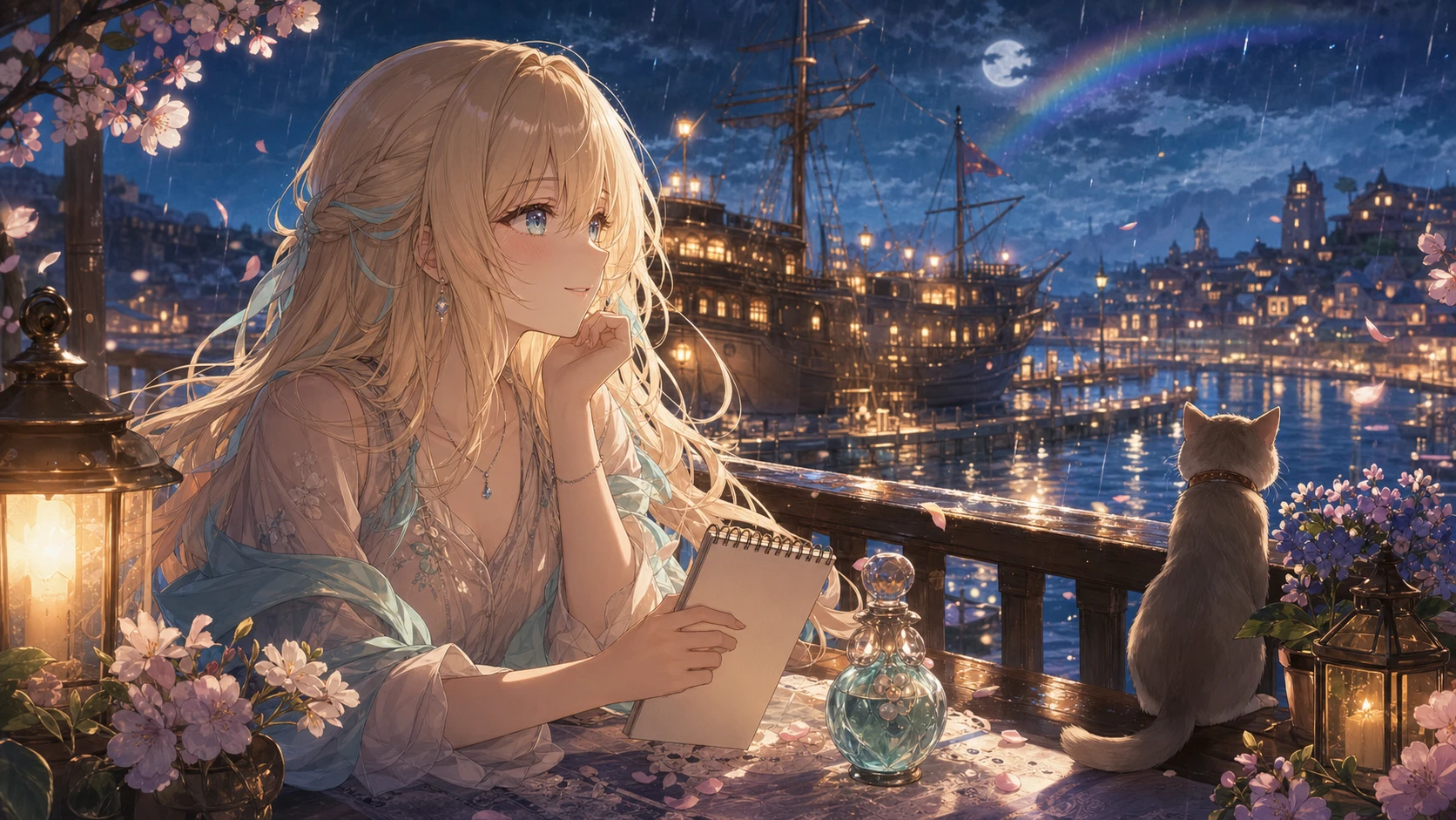 港町の船を眺めながら春の匂いの記憶と翌日の予定を思い出すオリジナルキャラクターのイメージ