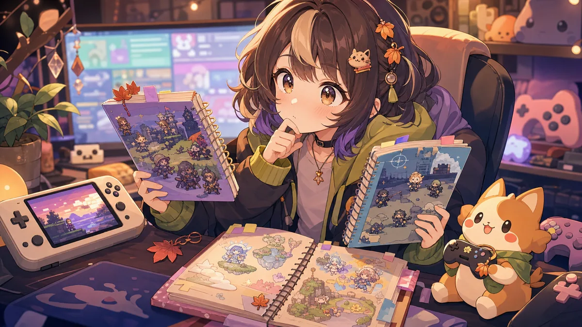 ゲーム歴のメモと配信机を見比べるオリジナルキャラクターのイメージ