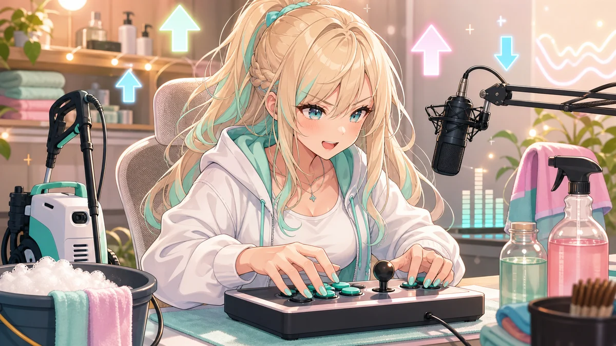 スト6のランク熱とSteamを開く癖を配信机で表すオリジナルキャラクターのイメージ