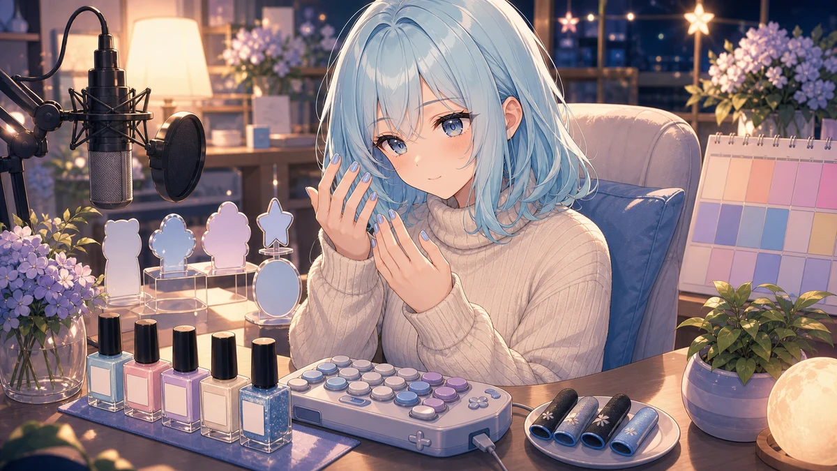 ネイルチップとゲーム入力デバイスを並べた机で夕方の配信を締める女性キャラクターのイメージ