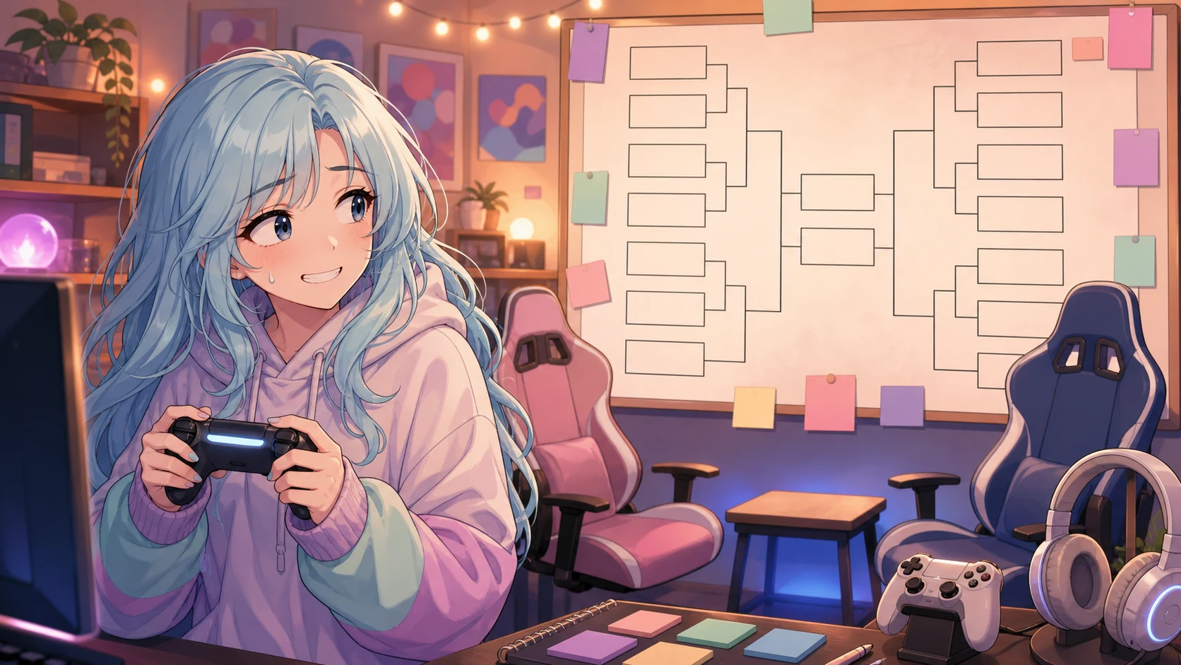 明るい対戦配信部屋で水色の長い髪の女性キャラクターがゲームパッドと対戦表を見比べるイメージ