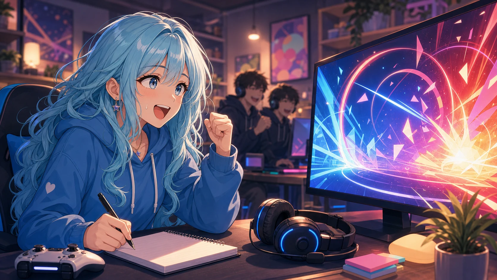 パステル色の抽象ステージで女性キャラクターが仲間の対戦を応援しながらメモを取るイメージ