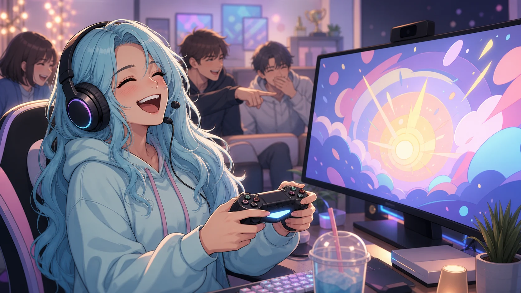 ゲームパッドのボタンと柔らかな衝撃エフェクトを囲んで笑う女性キャラクターのイメージ