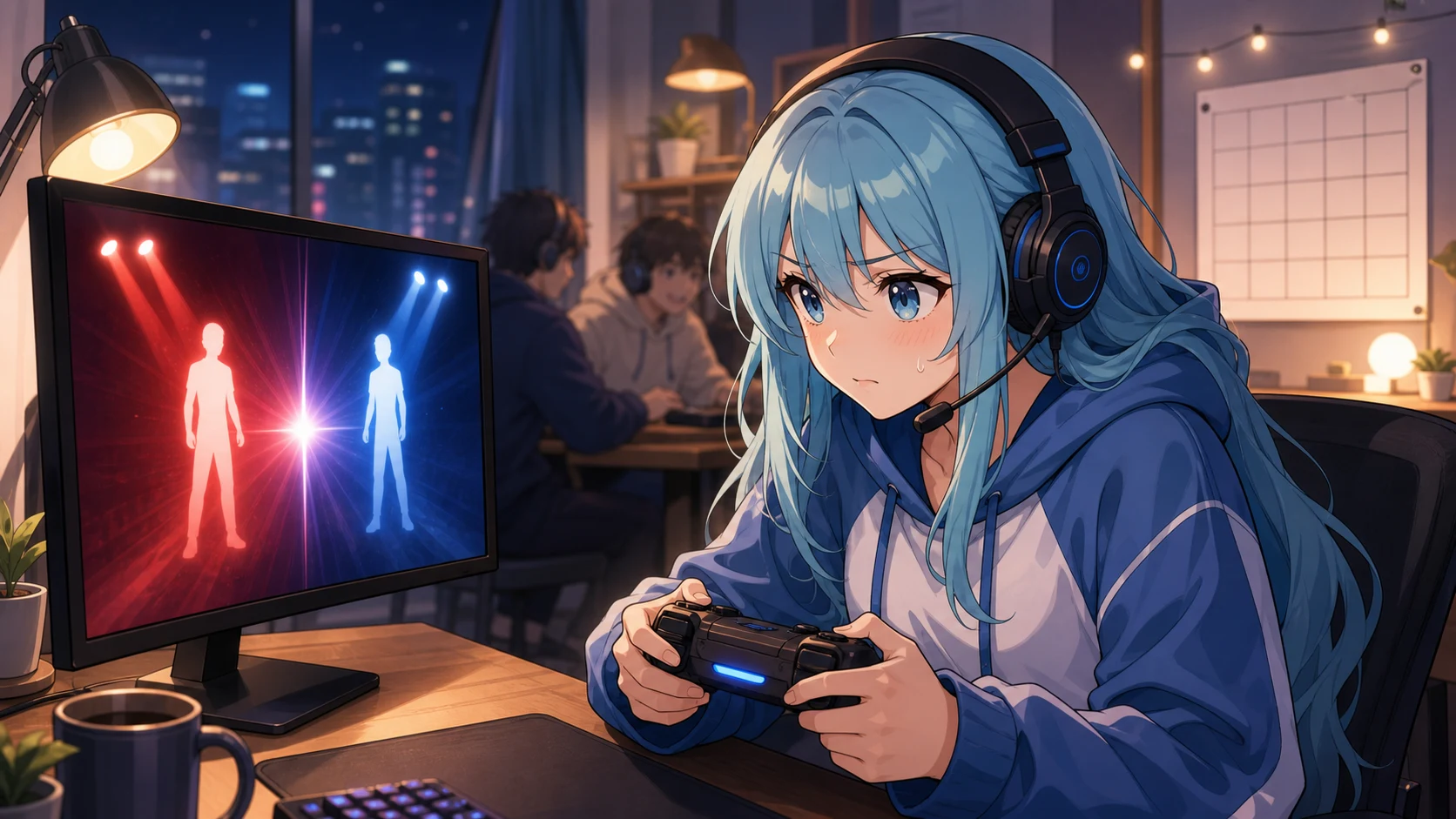 夜の対戦ステージを思わせる光の中で水色の長い髪の女性キャラクターが集中して画面へ向かうイメージ