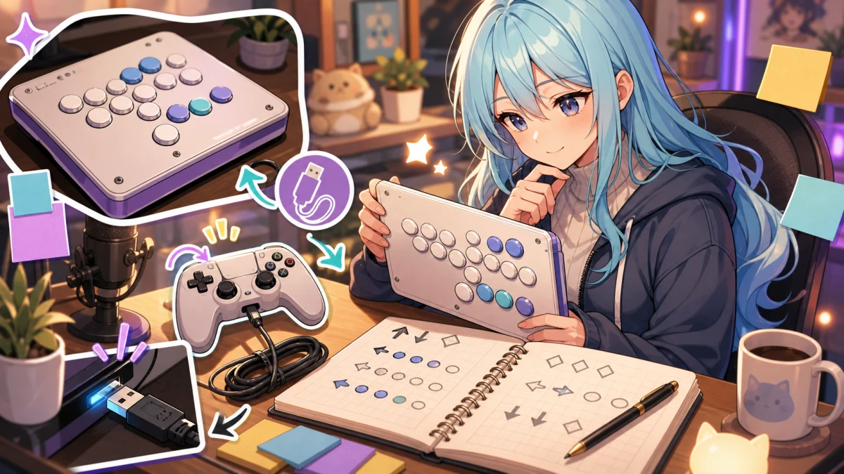 明るい対戦ゲームの配信部屋で水色の長い髪の女性キャラクターがレバーレスコントローラーと入力メモを見比べるイメージ