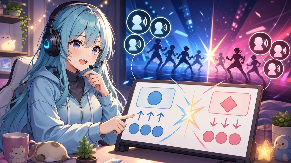パステル色の対戦ステージ風の配信画面を前に女性キャラクターが仲間の声を聞きながら対戦表を確認するイメージ