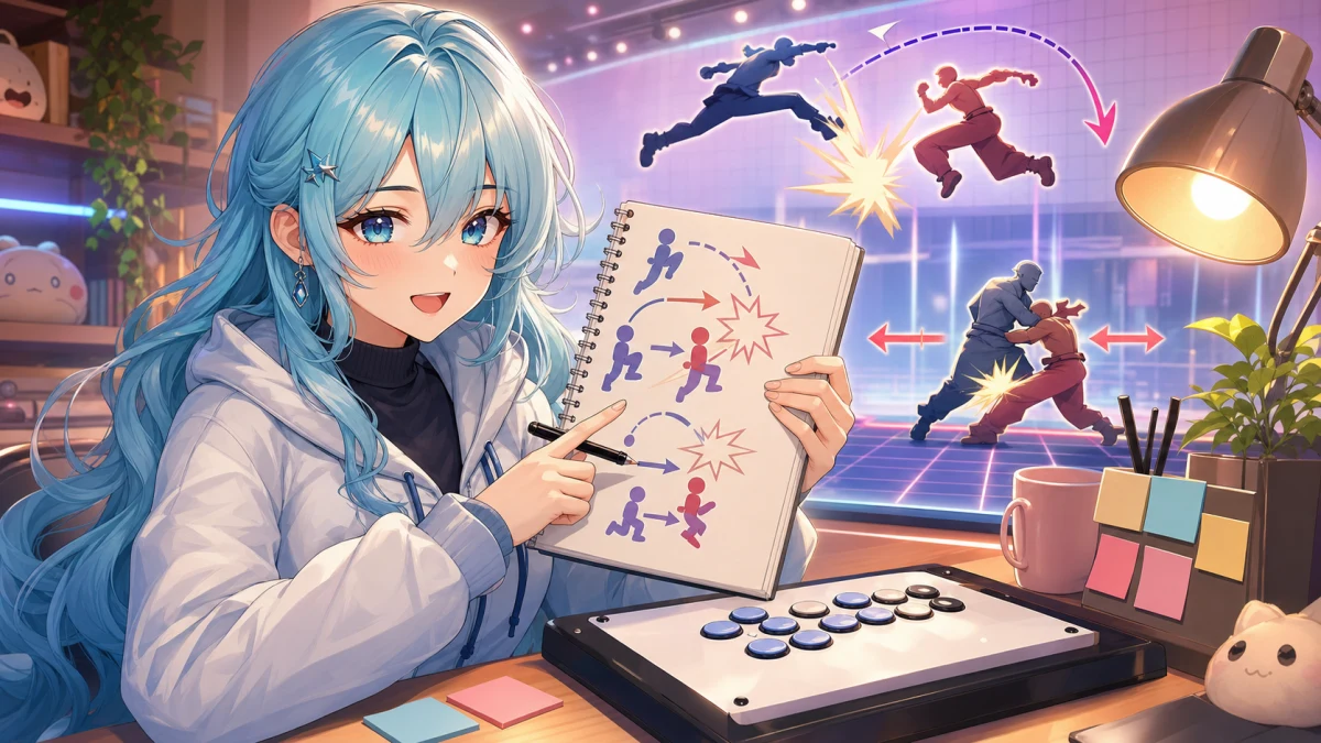 明るいアーケード風の抽象ステージで女性キャラクターが仲間の対戦を見守りながら飛びと投げの動線をメモするイメージ