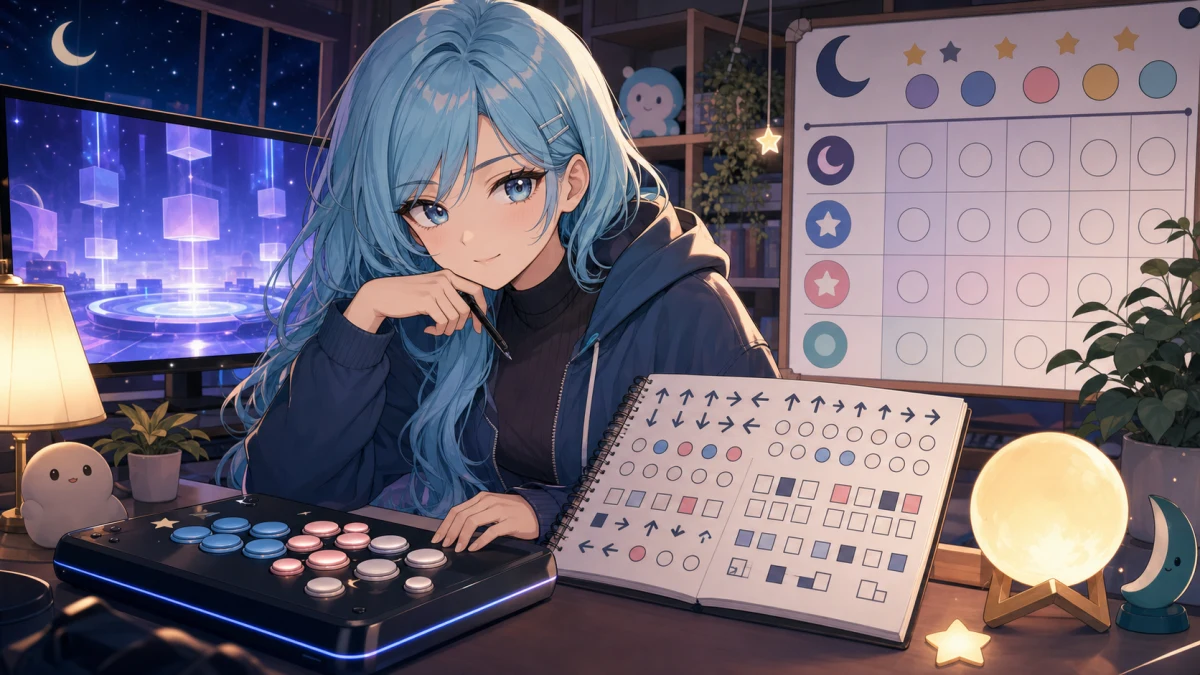 夜のトレーニングモード風の配信部屋で女性キャラクターが対戦メモと明日の予定表を並べて確認するイメージ
