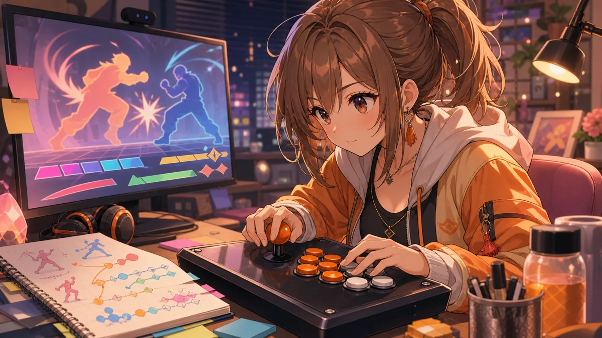 明るいトレーニングルーム風の配信画面で格闘ゲームの入力メモを見比べる女性オリジナルキャラクターのイメージ