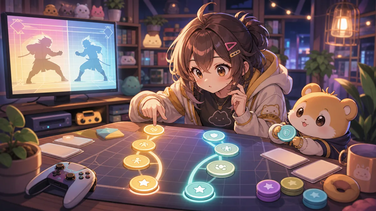 パステル色の格闘ゲーム練習ステージで打撃投げとラッシュの選択肢をかわいい小物で整理するオリジナルキャラクターのイメージ