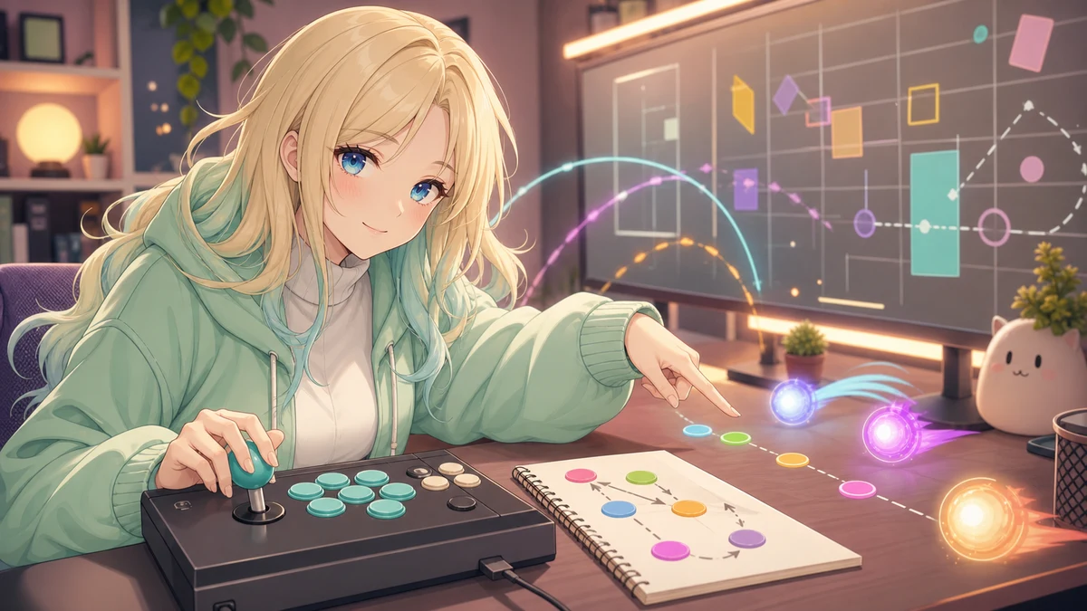明るい配信部屋で長い金髪の女性キャラクターが入力ノートと光る弾の軌道模型を見比べるイメージ