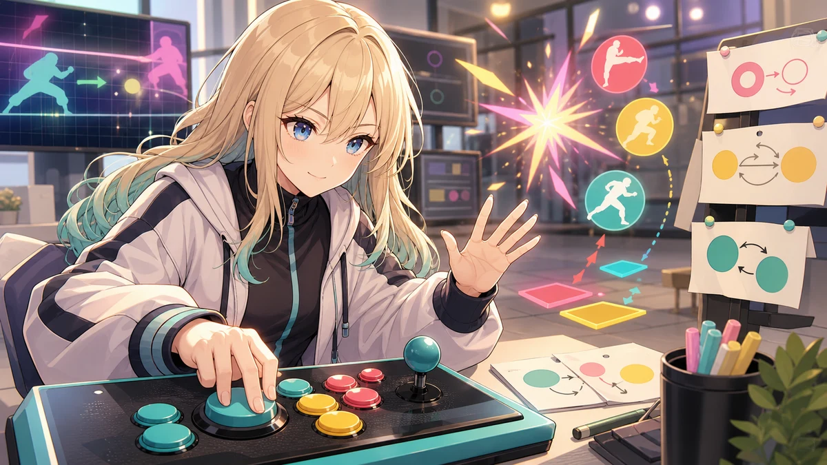 パステルカラーの対戦スペースで女性キャラクターがボタン操作と柔らかな衝撃エフェクトを確認するイメージ