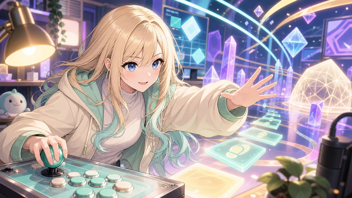 抽象的な対戦ステージの光を背に女性キャラクターが前へ手を伸ばすイメージ