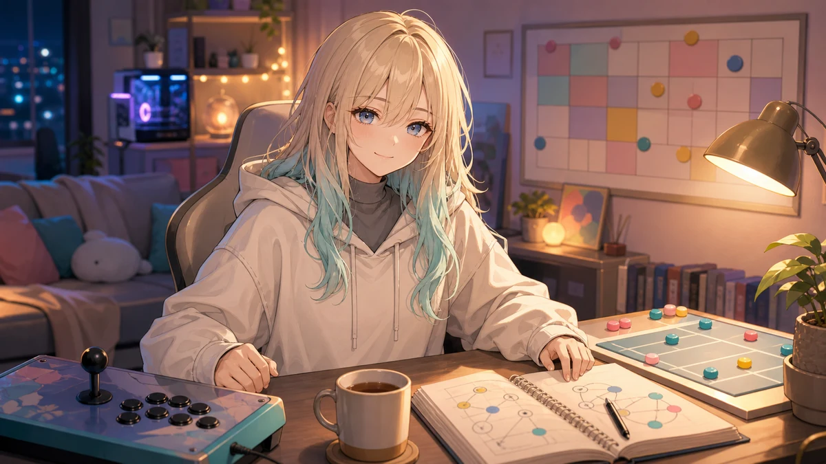夜の配信部屋でカレンダーと対戦メモを前に落ち着いて座る女性キャラクターのイメージ