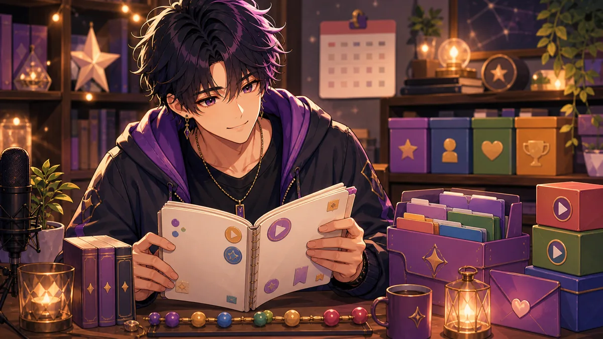 配信後にコラムと活動ログを読み返すオリジナル男性キャラクターのイメージ