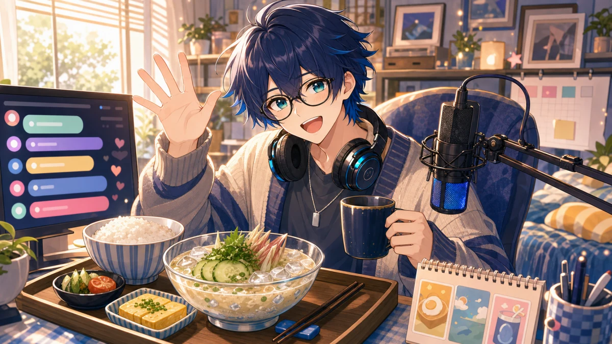 朝の配信部屋でマイクと朝食メモを前にあいさつする男性キャラクターのイメージ