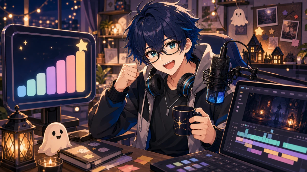 登録者目標の小さなゲージと夜の編集机を見比べる男性キャラクターのイメージ