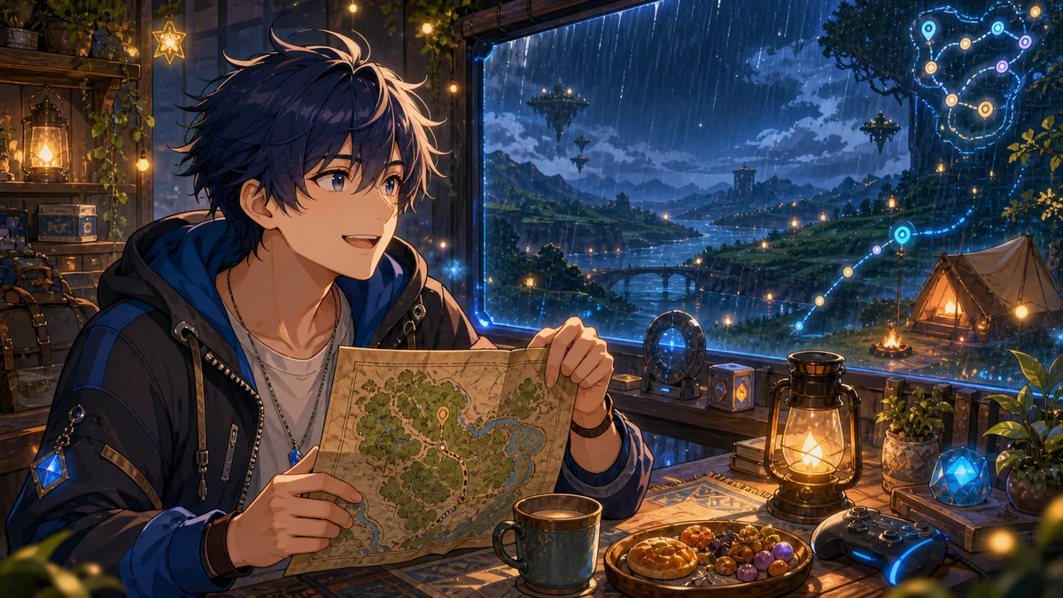 夜の冒険部屋で地図と飲み物を前に旅の準備をする男性キャラクターのイメージ