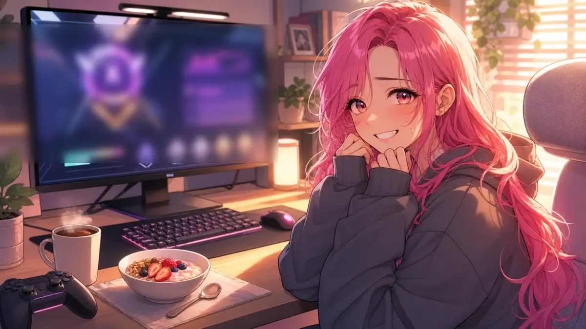 明るい配信部屋でゲーム画面と朝食の皿を並べるオリジナル女性キャラクターのイメージ