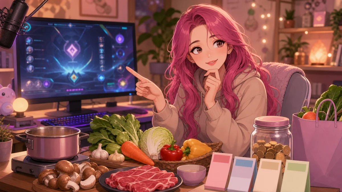 近未来ゲームUIの横に野菜と鍋が置かれた配信デスクで話すオリジナル女性キャラクターのイメージ