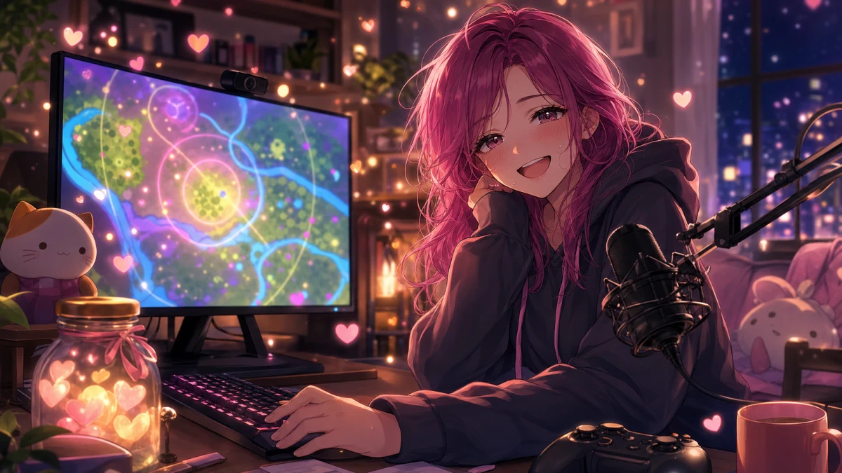 夕方の配信部屋でゲーム画面とコメント欄を見ながら笑うオリジナル女性キャラクターのイメージ