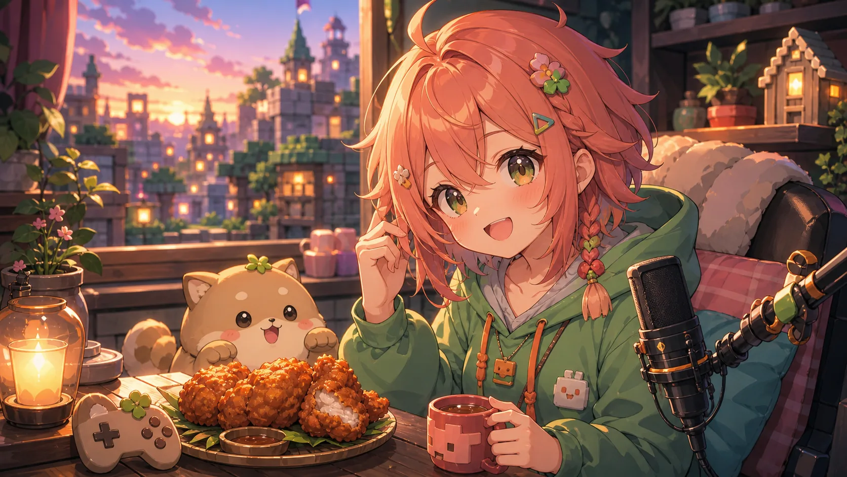 チキンを食べながら最終日の配信を始めるオリジナルキャラクターのイメージ