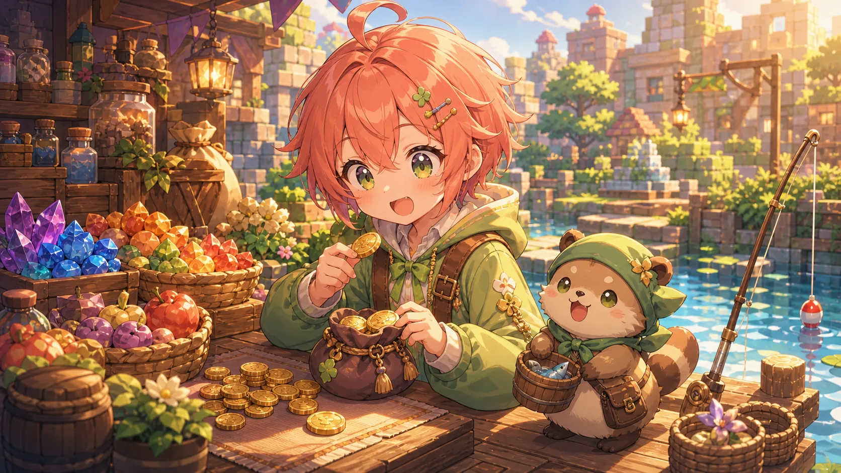 素材売却と釣りの支度を並べるオリジナルキャラクターのイメージ